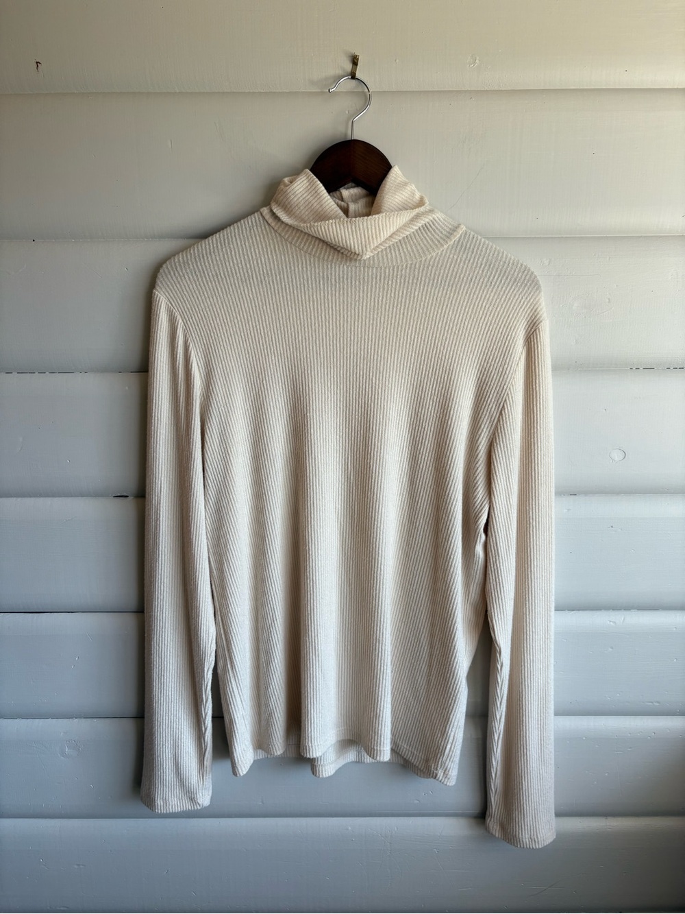 Oak + Fort Cream Ribbed Mock Neck Knit Top Soft Stretch Minimalist Large
